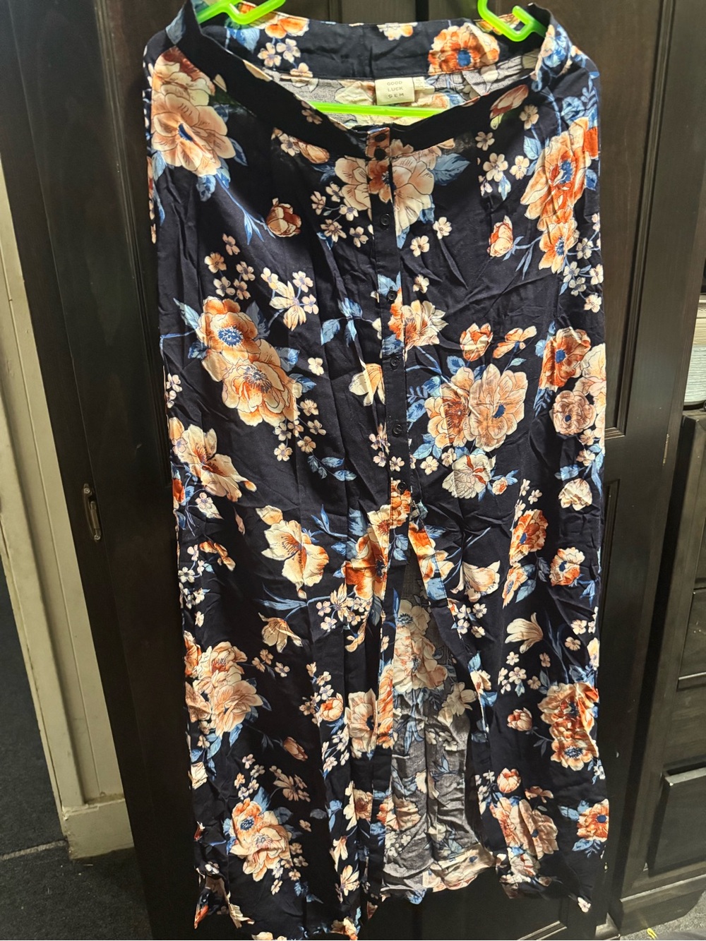 Good Luck Gem Navy Skirt with Orange & Light Blue Floral Design
